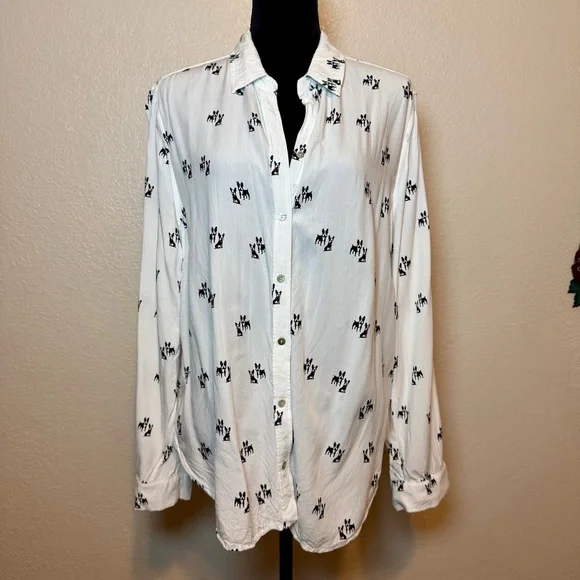 Jane & Delancey Boston Terrier Dog Print Button Down Top White Black Size XL - Picture 14 of 14